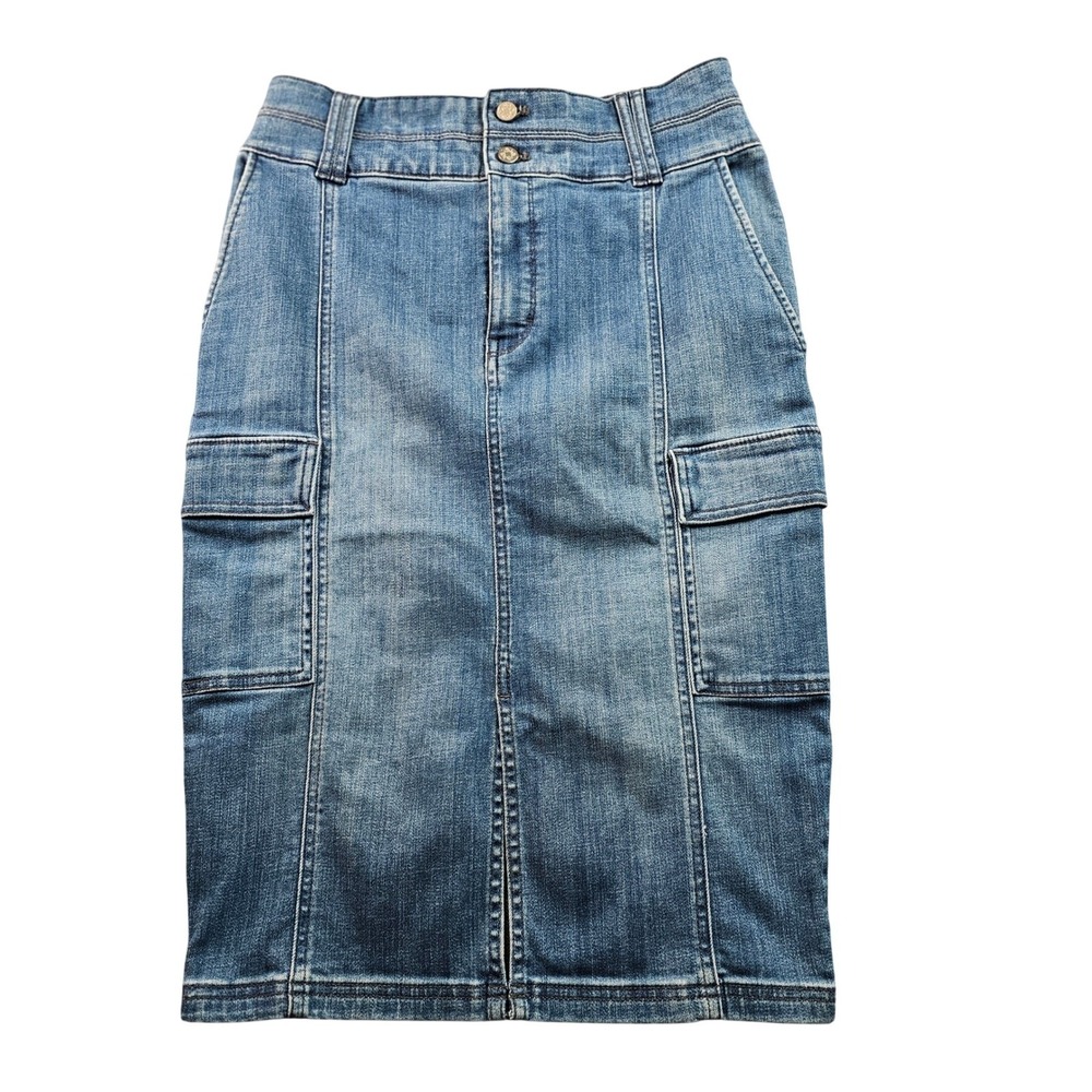 White House Black Market Straight Skirt Women 6 Blue Denim Cargo Pockets Outdoor